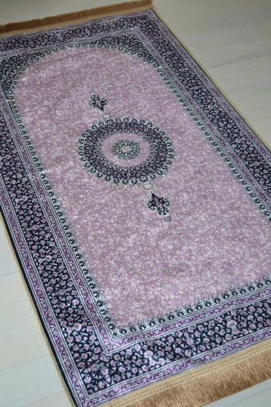 Pratik ve Taşınabilir İpek Dokulu Çantalı Seccade  Mini Çiçek Desenli Lila - Resim 4