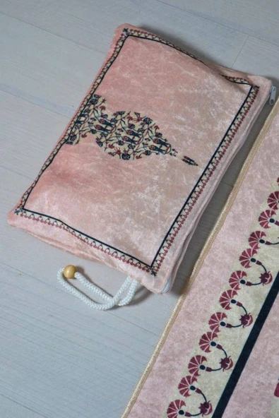 Pratik ve Taşınabilir İpek Dokulu Çantalı Seccade Açık Pembe - Resim 4