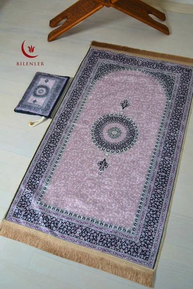 Pratik ve Taşınabilir İpek Dokulu Çantalı Seccade  Mini Çiçek Desenli Lila