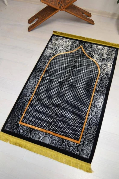 Lüks Kadife Seccade - 70x110 cm - Kalın Yumuşak Doku - Şık ve Konforlu Siyah - Resim 4