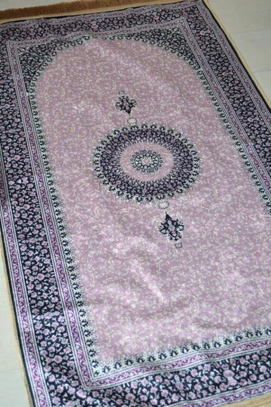 İpek Dokulu Keseli Seccade Mini Çiçek Desenli Lila - Resim 4