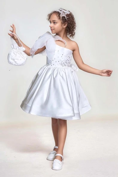 Kız Çocuk Göğsü İnci Taş İşlemeli Tek Omuz Şeffaf Askılı Eteği Kabarık Beyaz Abiye - Resim 4