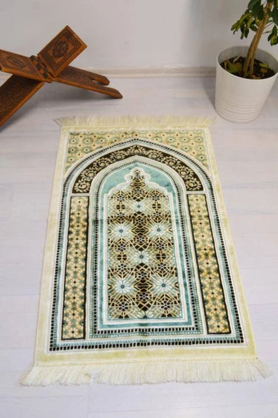 Lüks Kadife Seccade - 70x110 cm - Kalın Yumuşak Doku-Mihrap Desen Su Yeşili ürün görseli