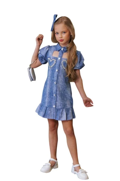 Kız Çocuk Göğsü Yırtmaç Detaylı Elmas Kalp İşlemeli Balon Kollu Mavi Kot Elbise - Resim 7