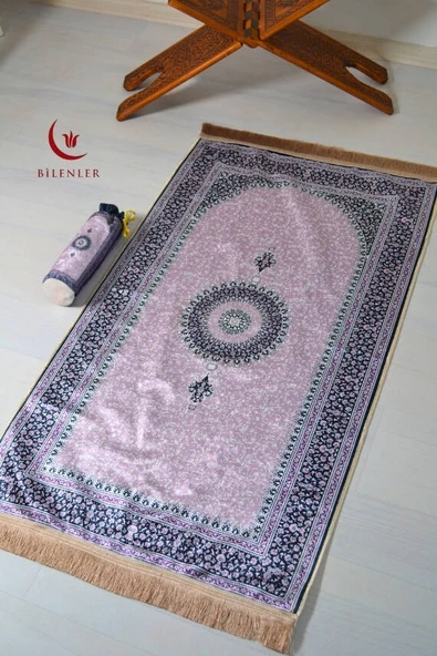 İpek Dokulu Keseli Seccade Mini Çiçek Desenli Lila