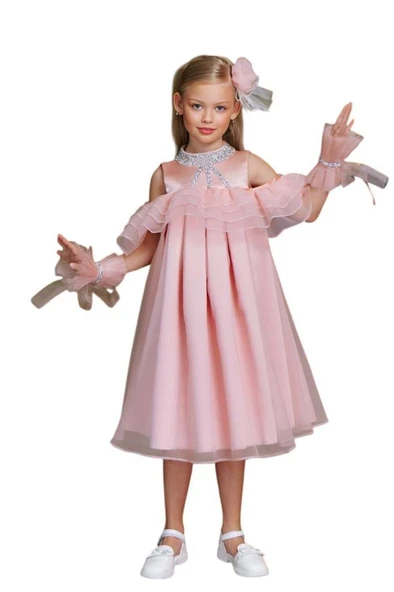 Kız Çocuk Omuzu Açık Yakası Taş İşlemeli Göğsü Fırfırlı İçi Astarlı Somon Abiye - Resim 7