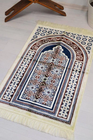 Lüks Kadife Seccade - 70x110 cm - Kalın Yumuşak Doku-Mihrap Desen Lacivert - Resim 4