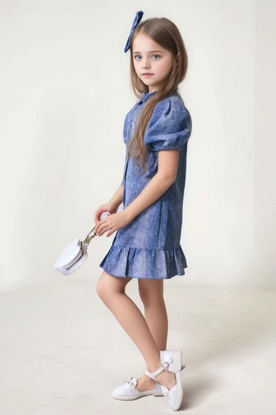 Kız Çocuk Göğsü Yırtmaç Detaylı Elmas Kalp İşlemeli Balon Kollu Mavi Kot Elbise - Resim 5