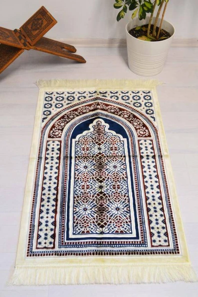 Lüks Kadife Seccade - 70x110 cm - Kalın Yumuşak Doku-Mihrap Desen Lacivert ürün görseli