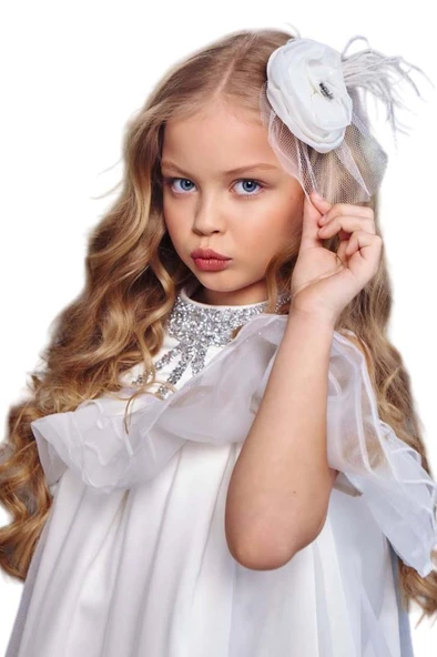 Kız Çocuk Omuzu Açık Yakası Taş İşlemeli Göğsü Fırfırlı İçi Astarlı Beyaz Abiye - Resim 9