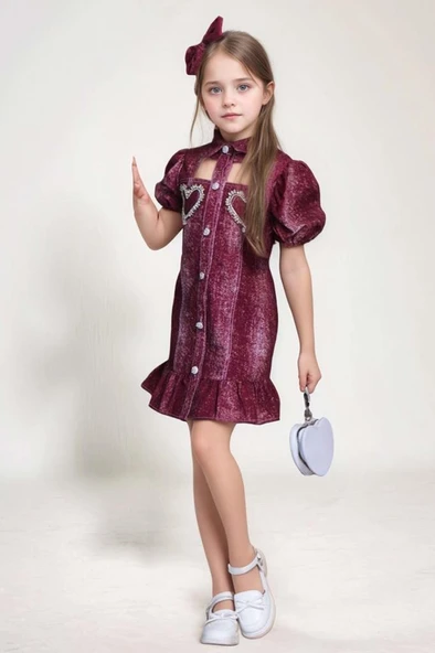 Kız Çocuk Göğsü Yırtmaç Detaylı Elmas Kalp İşlemeli Balon Kollu Bordo Kot Elbise - Resim 5