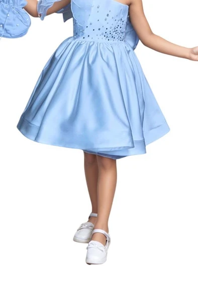 Kız Çocuk Göğsü İnci Taş İşlemeli Tek Omuz Şeffaf Askılı Eteği Kabarık Mavi Abiye - Resim 7