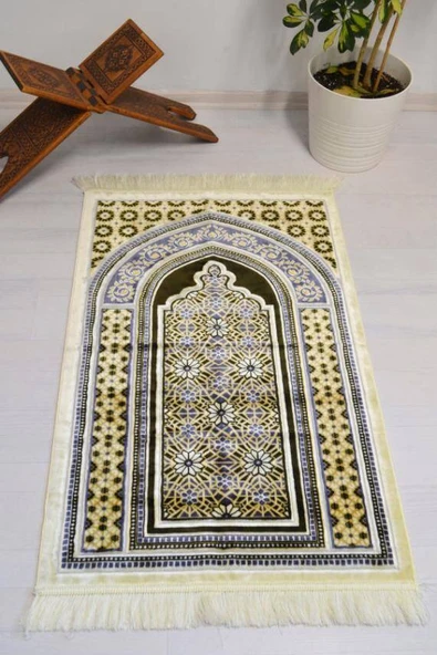 Lüks Kadife Seccade - 70x110 cm - Kalın Yumuşak Doku-Mihrap Desen Haki ürün görseli