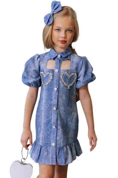 Kız Çocuk Göğsü Yırtmaç Detaylı Elmas Kalp İşlemeli Balon Kollu Mavi Kot Elbise - Resim 8