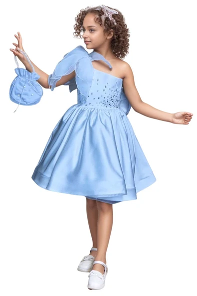 Kız Çocuk Göğsü İnci Taş İşlemeli Tek Omuz Şeffaf Askılı Eteği Kabarık Mavi Abiye - Resim 12