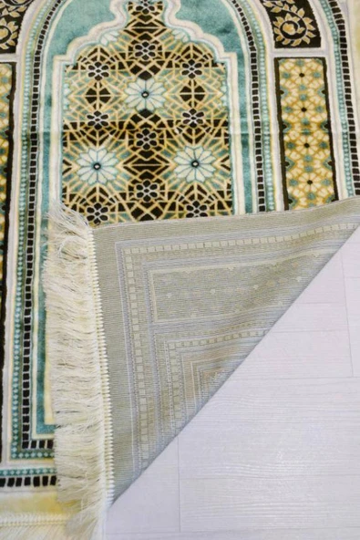 Lüks Kadife Seccade - 70x110 cm - Kalın Yumuşak Doku-Mihrap Desen Su Yeşili - Resim 3