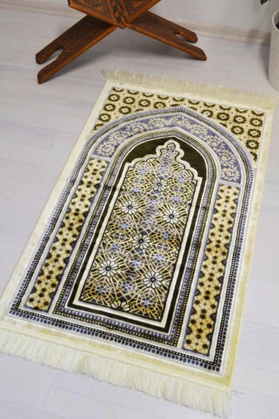 Lüks Kadife Seccade - 70x110 cm - Kalın Yumuşak Doku-Mihrap Desen Haki - Resim 4