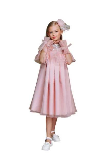 Kız Çocuk Omuzu Açık Yakası Taş İşlemeli Göğsü Fırfırlı İçi Astarlı Somon Abiye - Resim 8