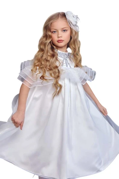 Kız Çocuk Omuzu Açık Yakası Taş İşlemeli Göğsü Fırfırlı İçi Astarlı Beyaz Abiye - Resim 20