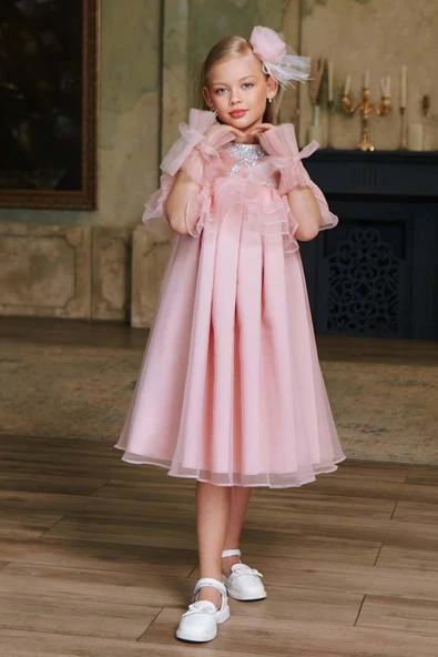 Kız Çocuk Omuzu Açık Yakası Taş İşlemeli Göğsü Fırfırlı İçi Astarlı Somon Abiye - Resim 11