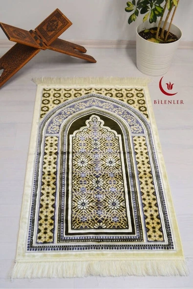 Lüks Kadife Seccade - 70x110 cm - Kalın Yumuşak Doku-Mihrap Desen Haki