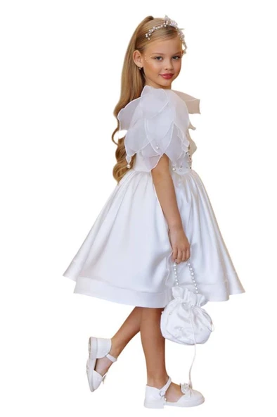 Kız Çocuk Göğsü İnci Taş İşlemeli Tek Omuz Şeffaf Askılı Eteği Kabarık Beyaz Abiye - Resim 8