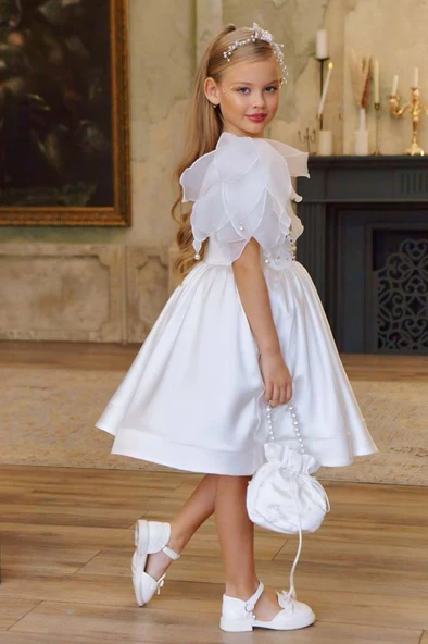 Kız Çocuk Göğsü İnci Taş İşlemeli Tek Omuz Şeffaf Askılı Eteği Kabarık Beyaz Abiye - Resim 14