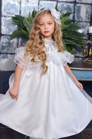 Kız Çocuk Omuzu Açık Yakası Taş İşlemeli Göğsü Fırfırlı İçi Astarlı Beyaz Abiye - Resim 14