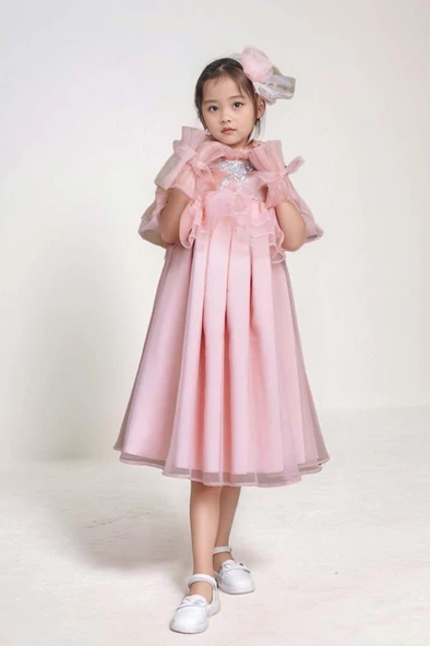 Kız Çocuk Omuzu Açık Yakası Taş İşlemeli Göğsü Fırfırlı İçi Astarlı Somon Abiye - Resim 5