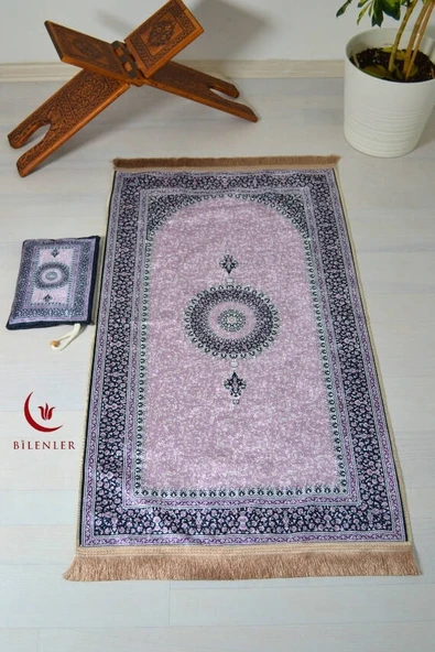 Pratik ve Taşınabilir İpek Dokulu Çantalı Seccade  Mini Çiçek Desenli Lila - 4