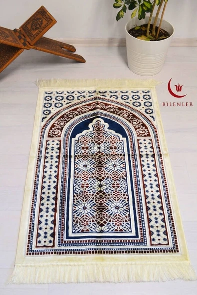 Lüks Kadife Seccade - 70x110 cm - Kalın Yumuşak Doku-Mihrap Desen Lacivert