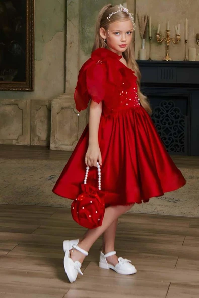 Kız Çocuk Göğsü İnci Taş İşlemeli Tek Omuz Şeffaf Askılı Eteği Kabarık Kırmızı Abiye - Resim 12