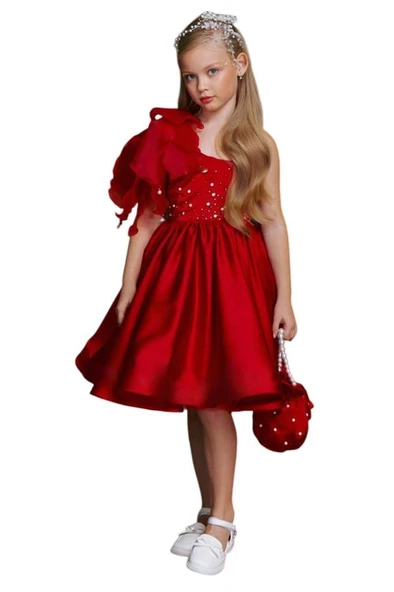 Kız Çocuk Göğsü İnci Taş İşlemeli Tek Omuz Şeffaf Askılı Eteği Kabarık Kırmızı Abiye - Resim 5