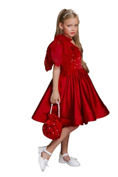Kız Çocuk Göğsü İnci Taş İşlemeli Tek Omuz Şeffaf Askılı Eteği Kabarık Kırmızı Abiye - Resim 6