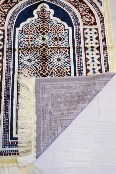 Lüks Kadife Seccade - 70x110 cm - Kalın Yumuşak Doku-Mihrap Desen Lacivert - Resim 3