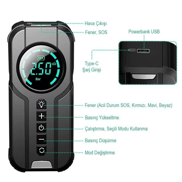 Powermaster Powerbank Araç Akü Şarj Lastik Hava Kompresörü Şişirici Taşınabilir Dijital Kablosuz El Feneri - 2