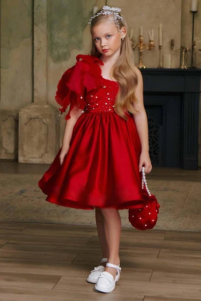 Kız Çocuk Göğsü İnci Taş İşlemeli Tek Omuz Şeffaf Askılı Eteği Kabarık Kırmızı Abiye - Resim 10