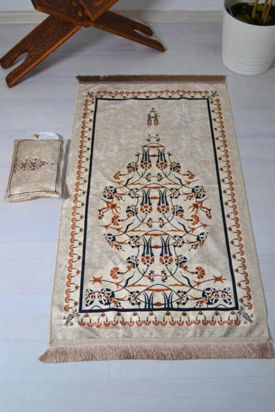 Pratik ve Taşınabilir İpek Dokulu Çantalı Seccade Krem ürün görseli