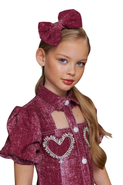 Kız Çocuk Göğsü Yırtmaç Detaylı Elmas Kalp İşlemeli Balon Kollu Bordo Kot Elbise - Resim 9