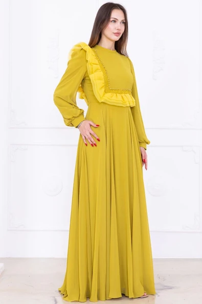 Asimetrik Fırfır Detaylı Şifon Abiye Elbise 2722-Yağ Yeşili - 5