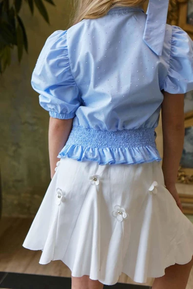 Kız Çocuk Balon Kol Üzeri Boydan Taş İşleme Asimetrik Kesim Mavi Gömlek Çiçek Motifli Etekli Takım - 11