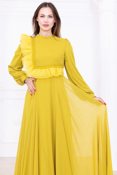 Asimetrik Fırfır Detaylı Şifon Abiye Elbise 2722-Yağ Yeşili - 3