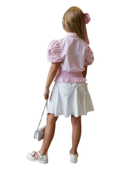 Kız Çocuk Balon Kol Üzeri Boydan Taş İşleme Asimetrik Kesim Pudra Gömlek Çiçek Motifli Etekli Takım - 20