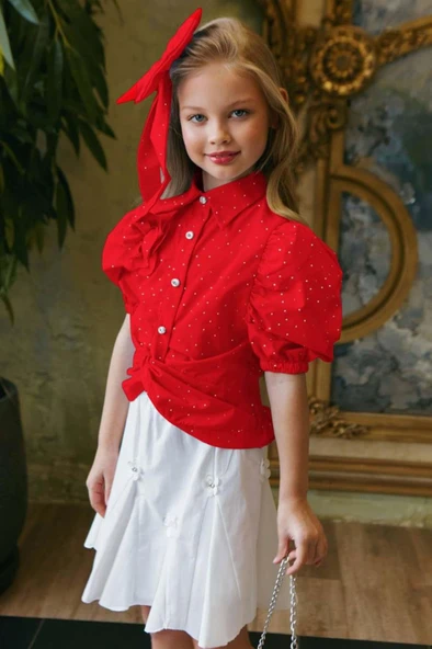 Kız Çocuk Balon Kol Üzeri Boydan Taş İşleme Asimetrik Kesim Kırmızı Gömlek Çiçek Motif Etekli Takım - Resim 10
