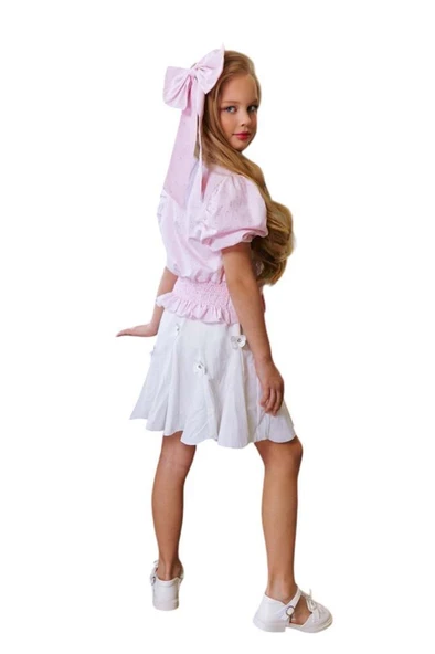 Kız Çocuk Balon Kol Üzeri Boydan Taş İşleme Asimetrik Kesim Pudra Gömlek Çiçek Motifli Etekli Takım - 9