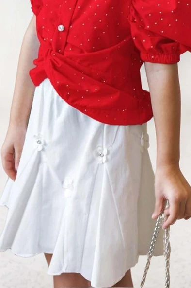 Kız Çocuk Balon Kol Üzeri Boydan Taş İşleme Asimetrik Kesim Kırmızı Gömlek Çiçek Motif Etekli Takım - Resim 5