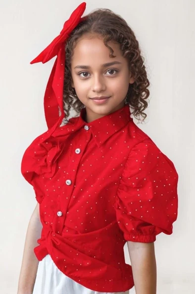 Kız Çocuk Balon Kol Üzeri Boydan Taş İşleme Asimetrik Kesim Kırmızı Gömlek Çiçek Motif Etekli Takım - Resim 16