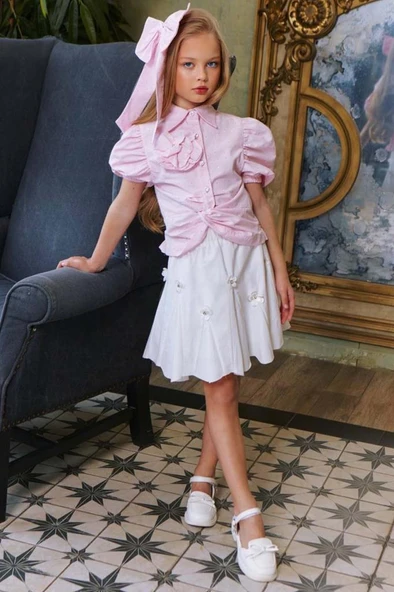 Kız Çocuk Balon Kol Üzeri Boydan Taş İşleme Asimetrik Kesim Pudra Gömlek Çiçek Motifli Etekli Takım - 13