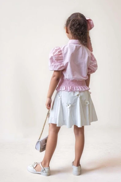 Kız Çocuk Balon Kol Üzeri Boydan Taş İşleme Asimetrik Kesim Pudra Gömlek Çiçek Motifli Etekli Takım - 5