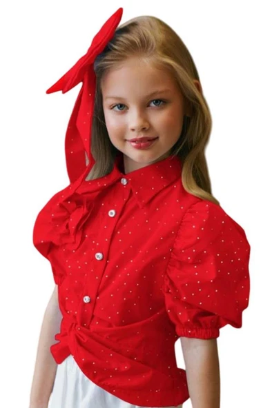 Kız Çocuk Balon Kol Üzeri Boydan Taş İşleme Asimetrik Kesim Kırmızı Gömlek Çiçek Motif Etekli Takım - Resim 20